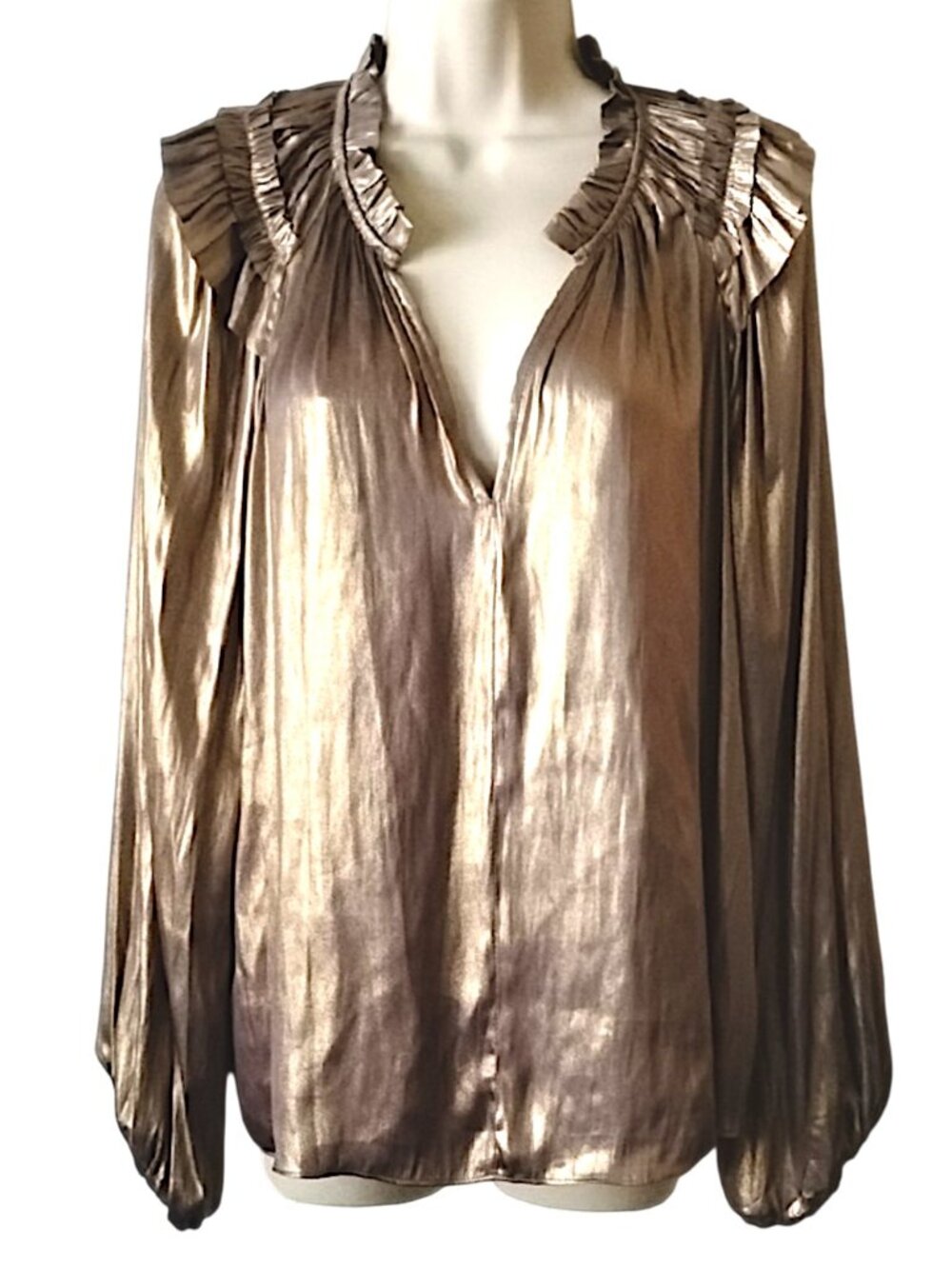 Current Air Pleated Puff Sleeve V-Neck Blouse M Light Gold Llame'